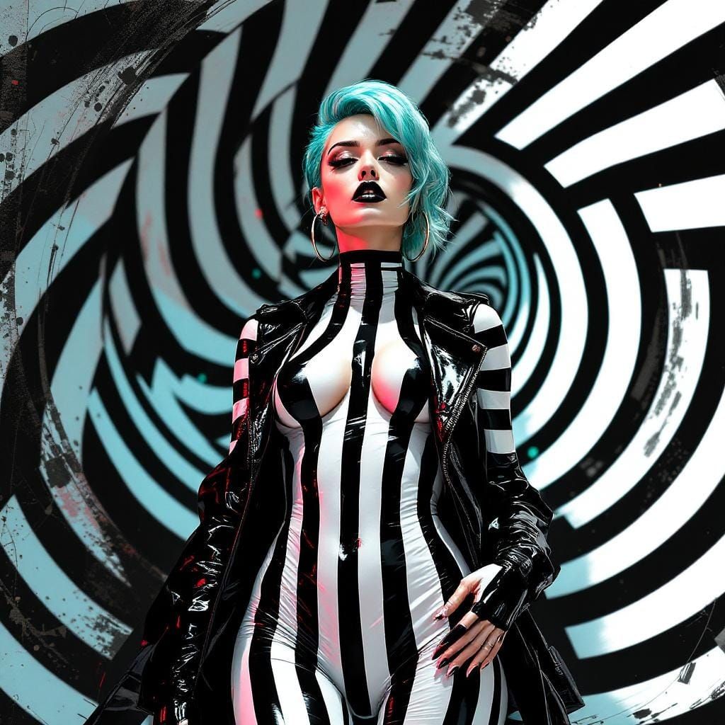 Cyberpunk Woman in Optical Illusion Landscape