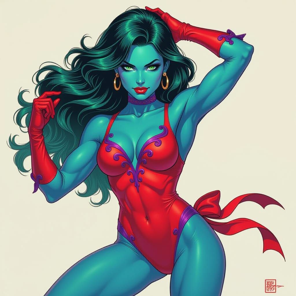 Dynamic Blue-Skinned Woman in Comic Book Style