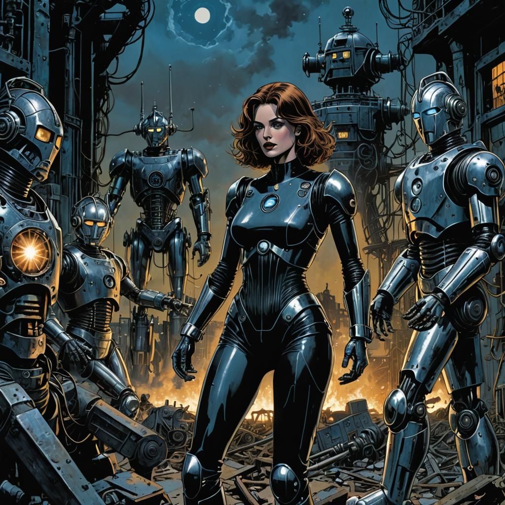 Dark Cyberman Horror Scene in Muted Comic Book Art