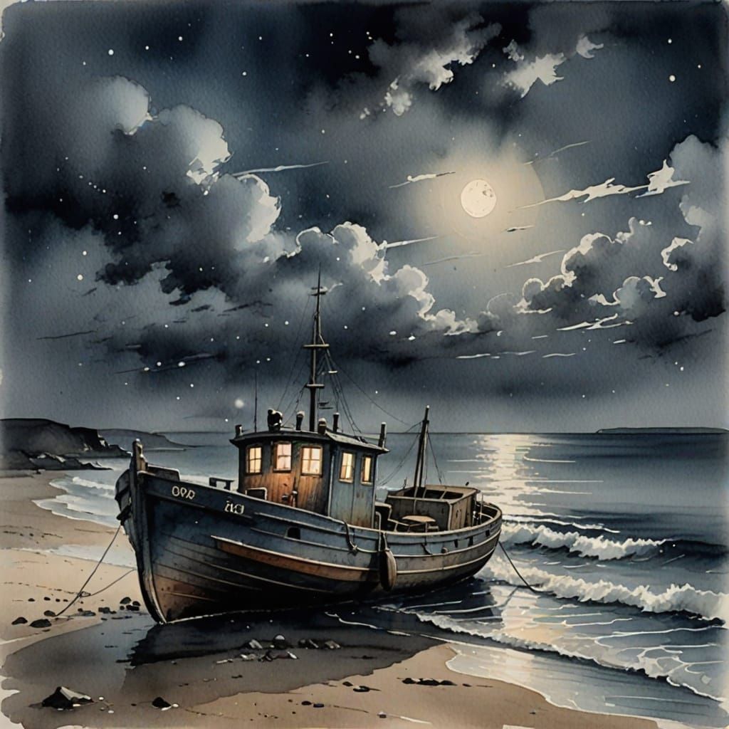 Seashore Fishing Barge in Charcoal and Watercolours