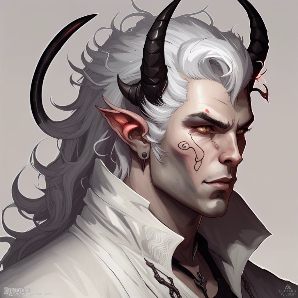 Tiefling Demon Portrait with White Hair, Detailed 8K