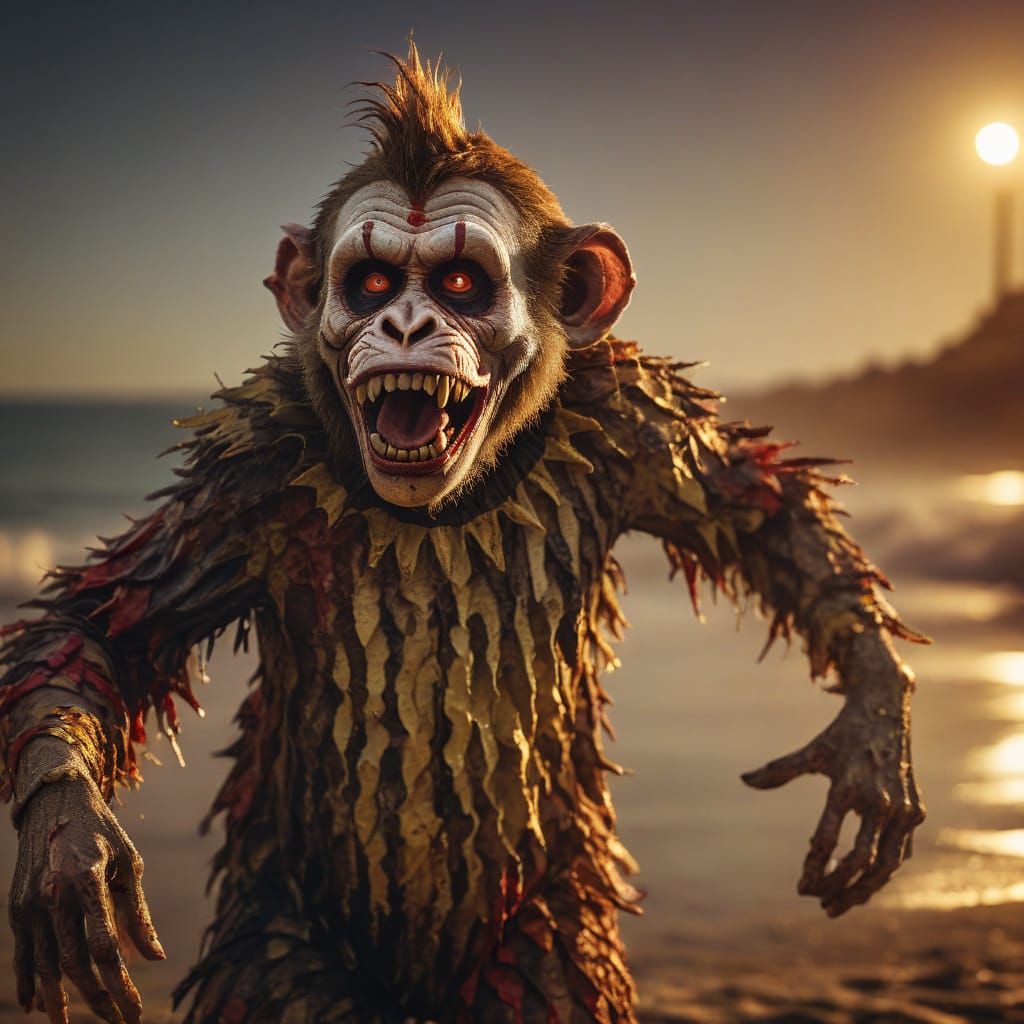 Surreal Zombie Monkey Clown Dances on Beach