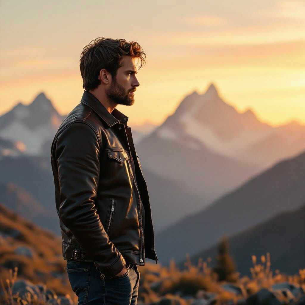 Man Contemplates Sad Sunrise Over Mountains