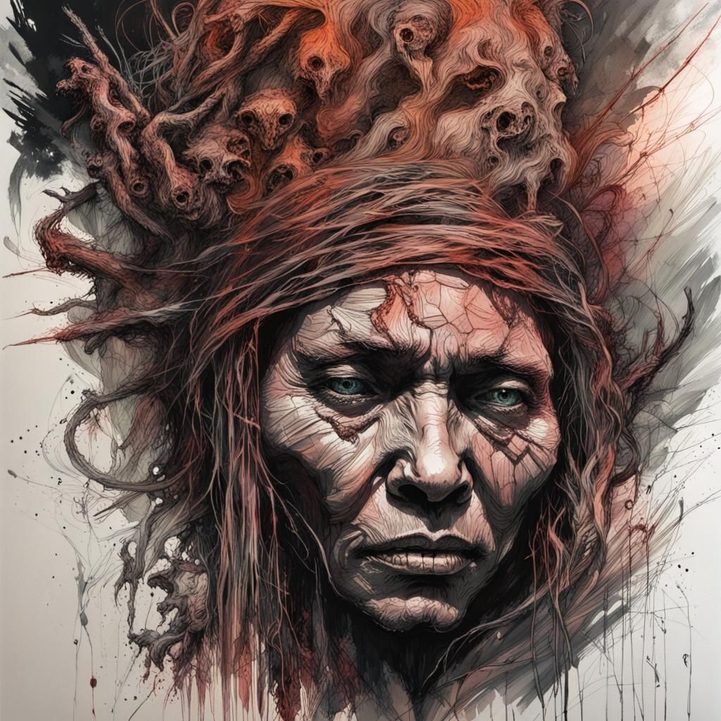 Visionary Witch Doctor in Scratchboard Ink Style