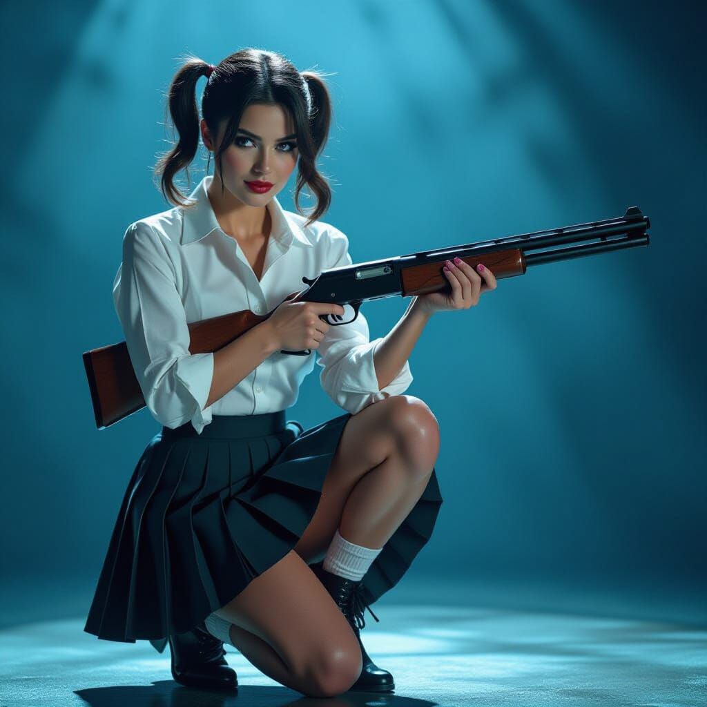 Alluring Woman with Shotgun in Neo-Noir Style