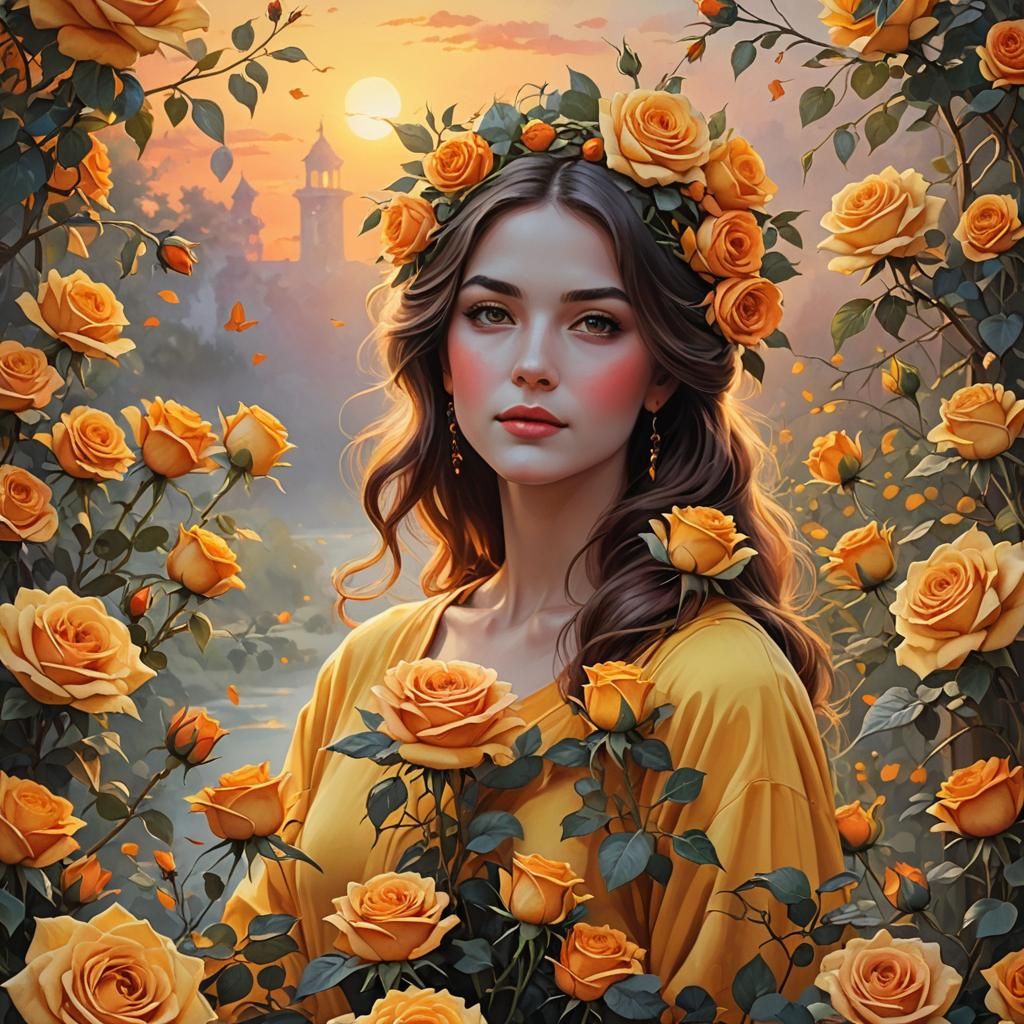 Lady in Roses at Sunrise: Enchanting and Vibrant