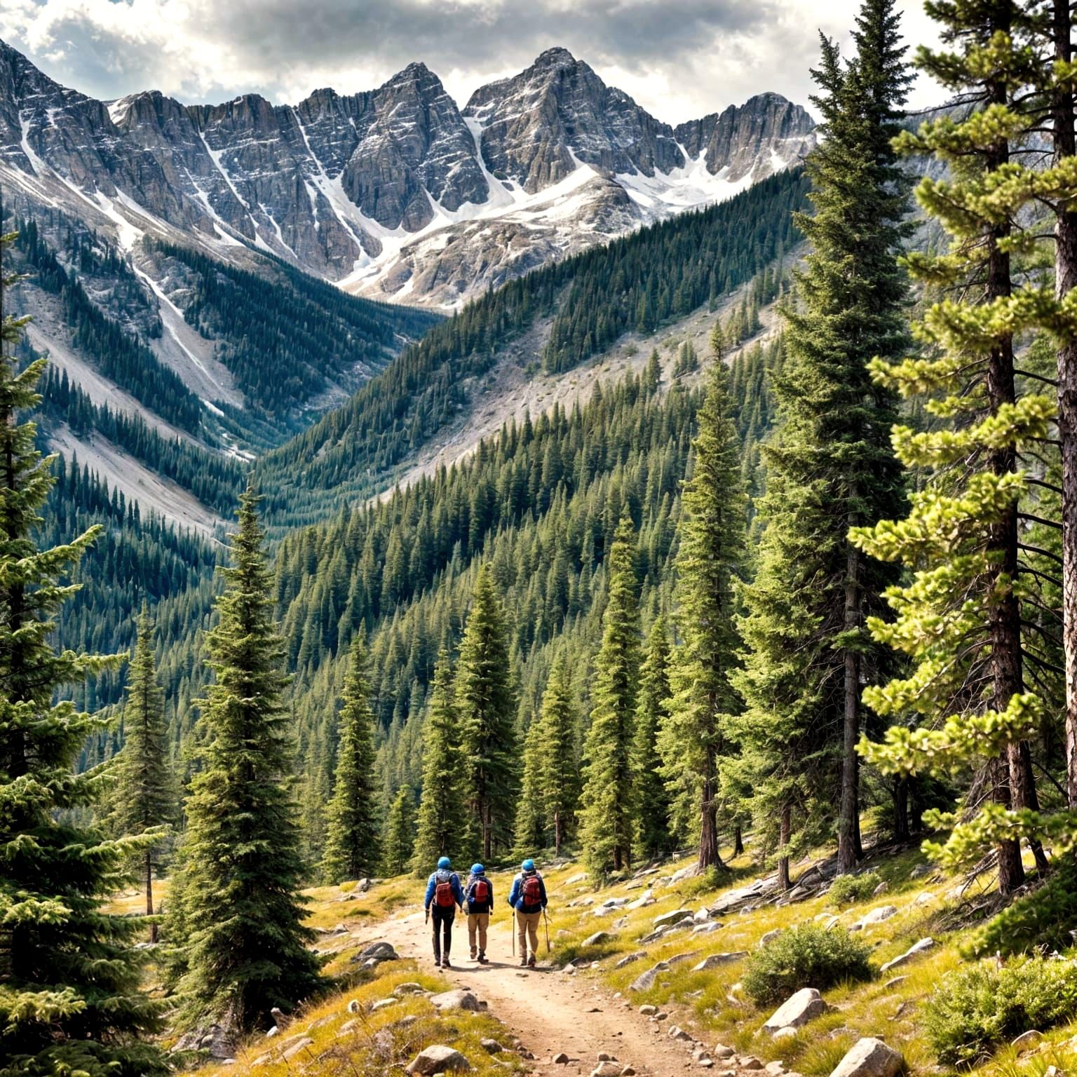 Hikers on Forested Trail in Rocky Mountains