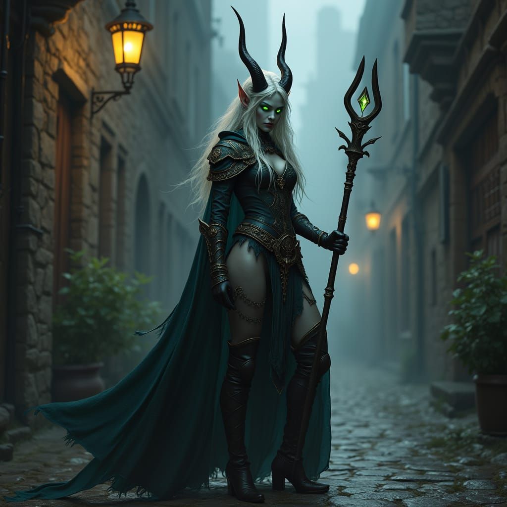 Tiefling Warrior in Gothic Alley, Dark Fantasy Style