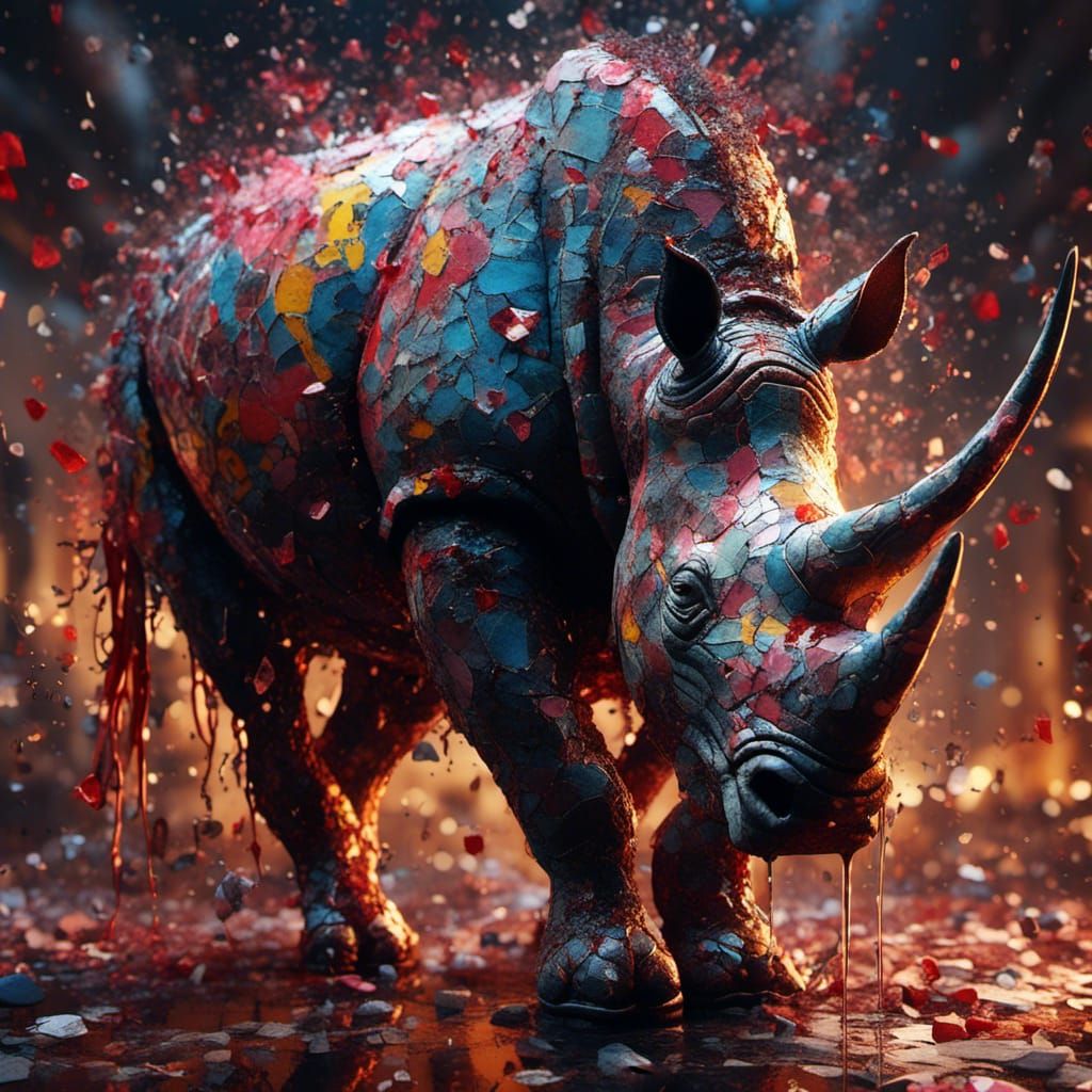 Scarlet Rhino Graffiti Art with Cracked Glass Effect