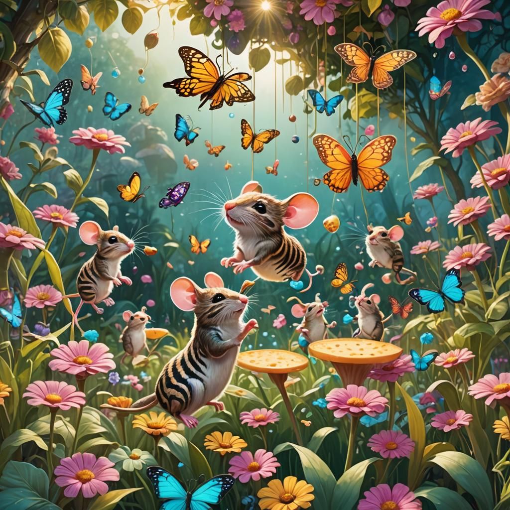 Whimsical Mice Leap for Cheese in Fantasy Garden