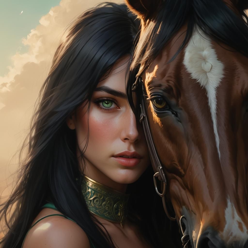 Woman and Horse: Hyperrealistic Portrait in Art Nouveau Styl...