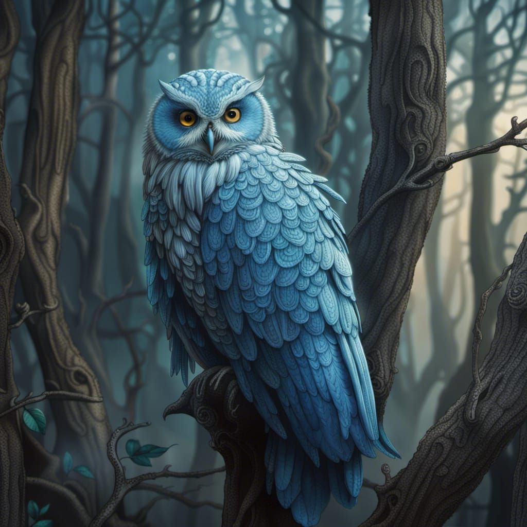 Moody Blue Owl Lost in Fantasy Forest