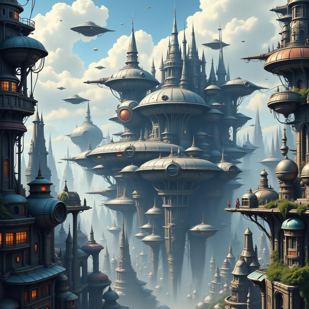 Hyperdetailed Sci-Fi Floating City with Flying Cars