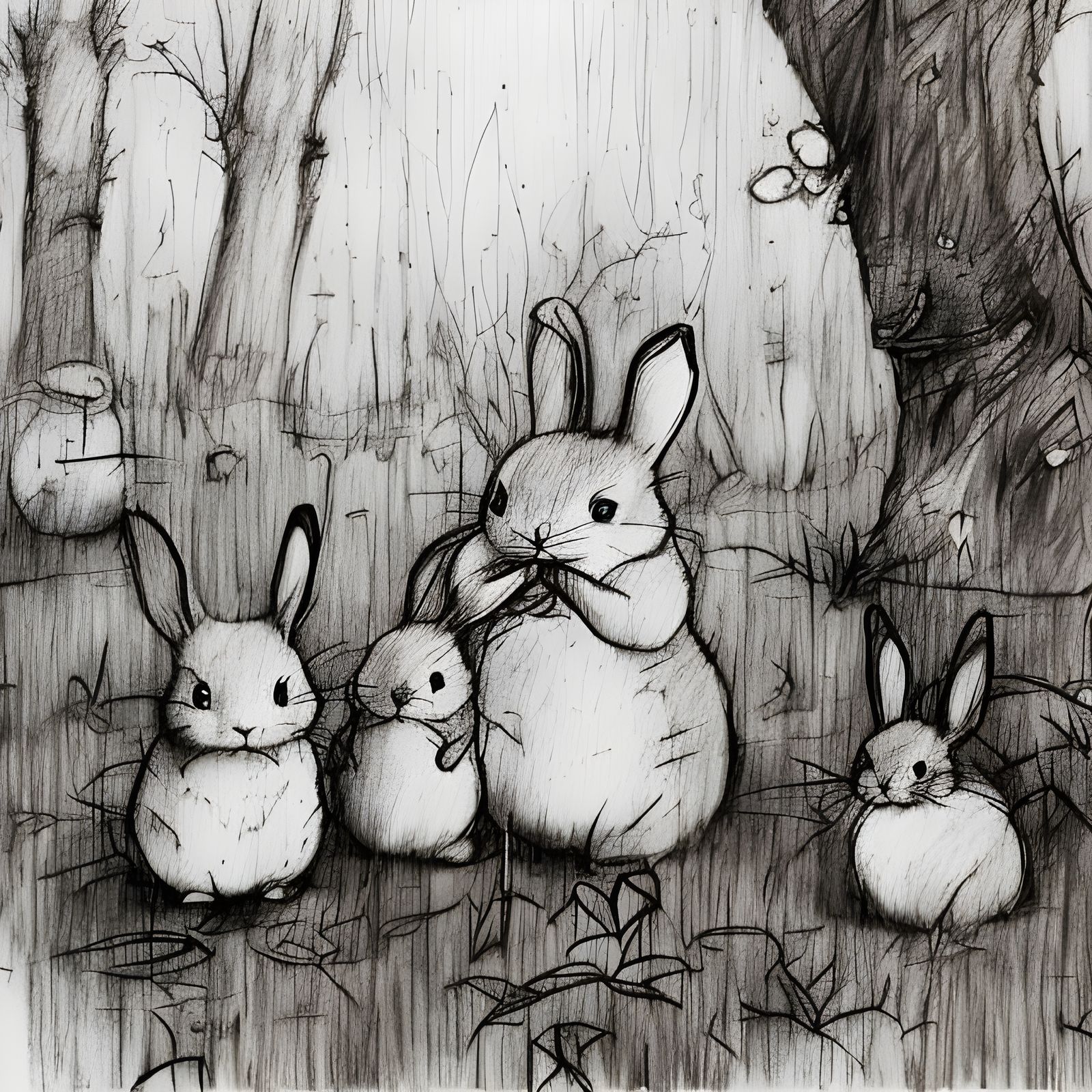 Cute Bunnies in Forest: Pencil Sketch Illustration