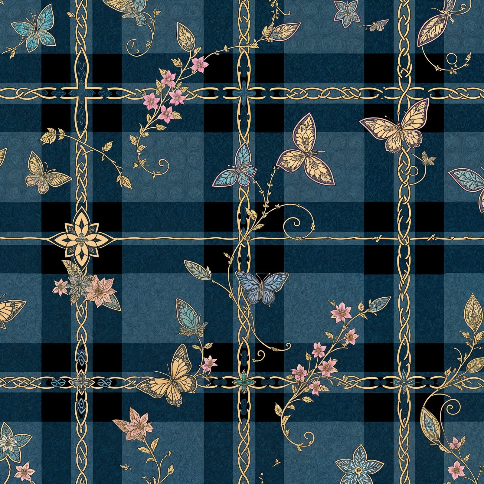 Celtic Tartan Pattern with Celtic Crosses and Floral Vines