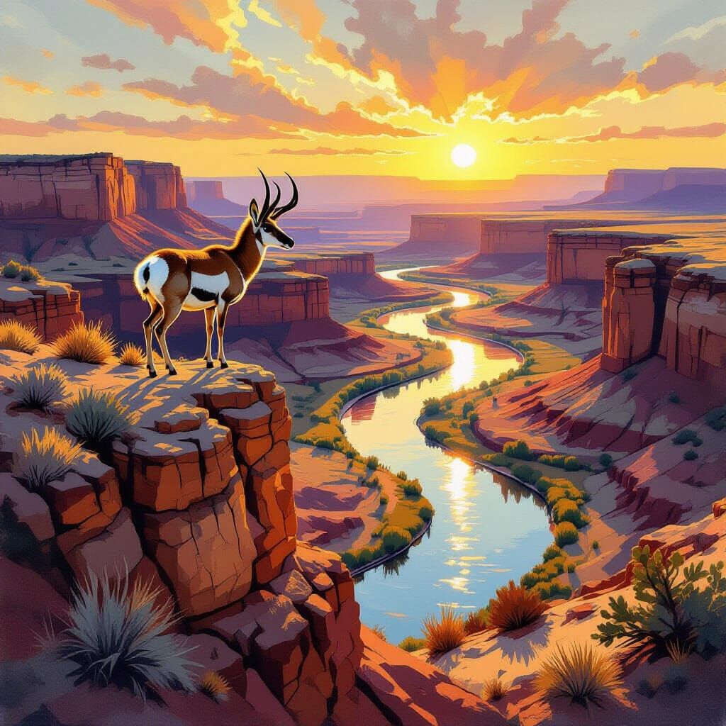Pronghorn Antelope Over Badlands River in Golden Hour Light