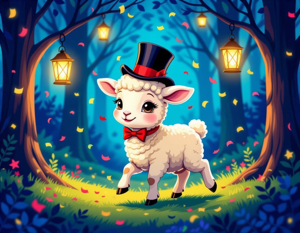 Whimsical Lamb in Enchanted Forest Pencil Sketch