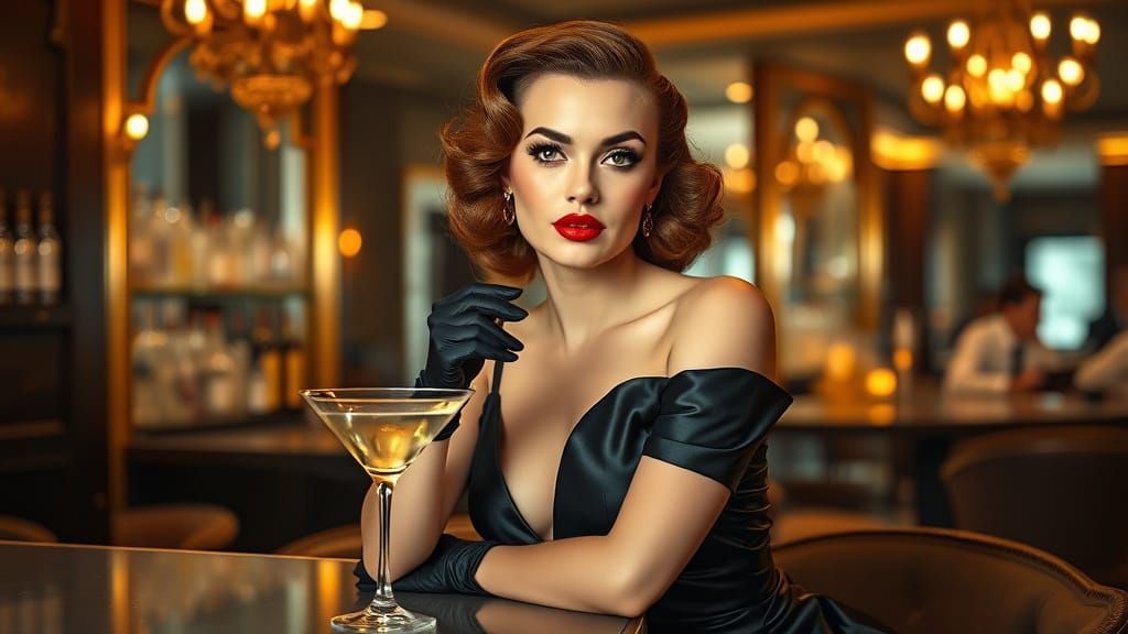 Glamorous Woman at Cocktail Bar in Editorial Style