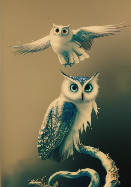 Detailed White Ink Owl with Blue Eyes Illustration