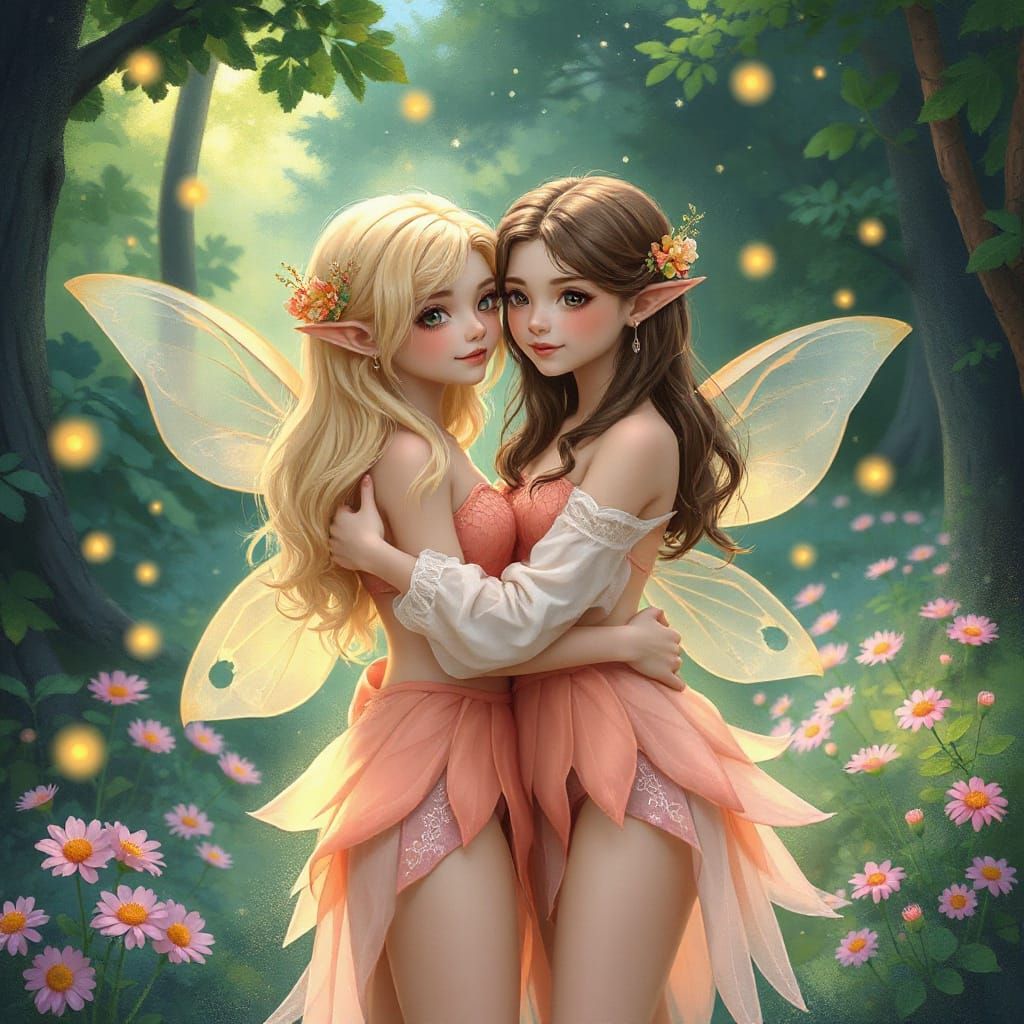 Fairies Embrace in Enchanted Forest, Digital Art