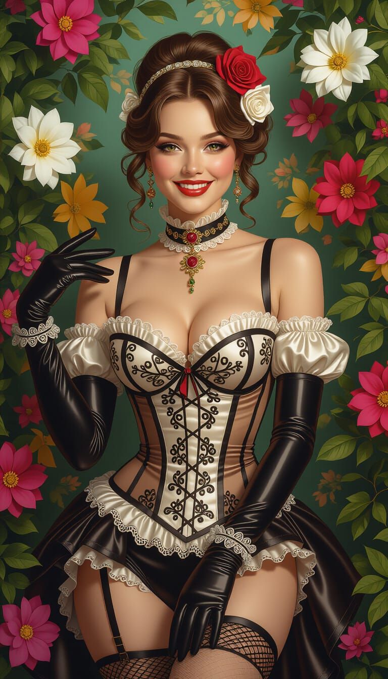 Baroque Beauty in Latex Lingerie with Floral Adornments