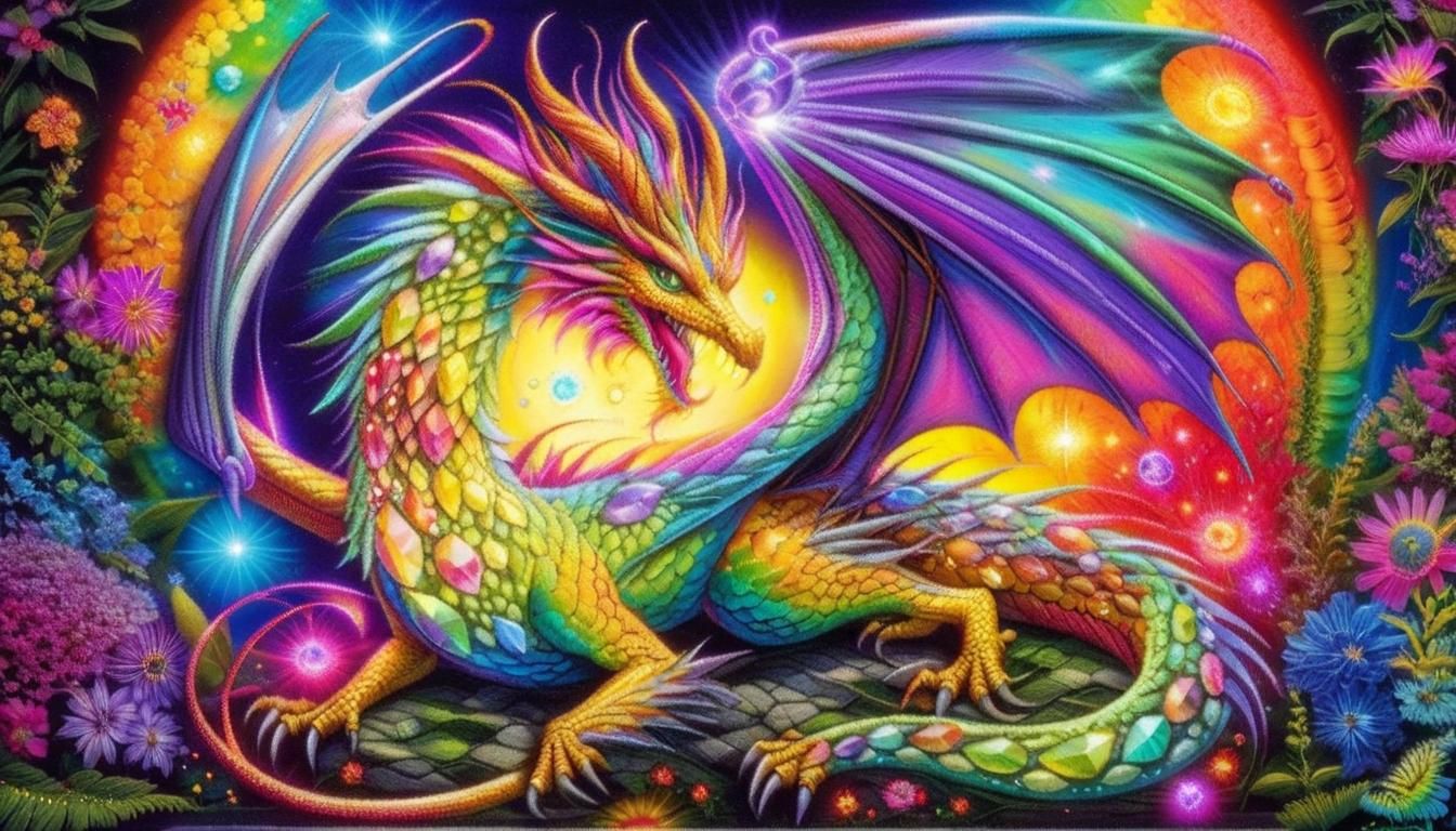 Chalk Art Dragon with Luminescent Gems and Flowers