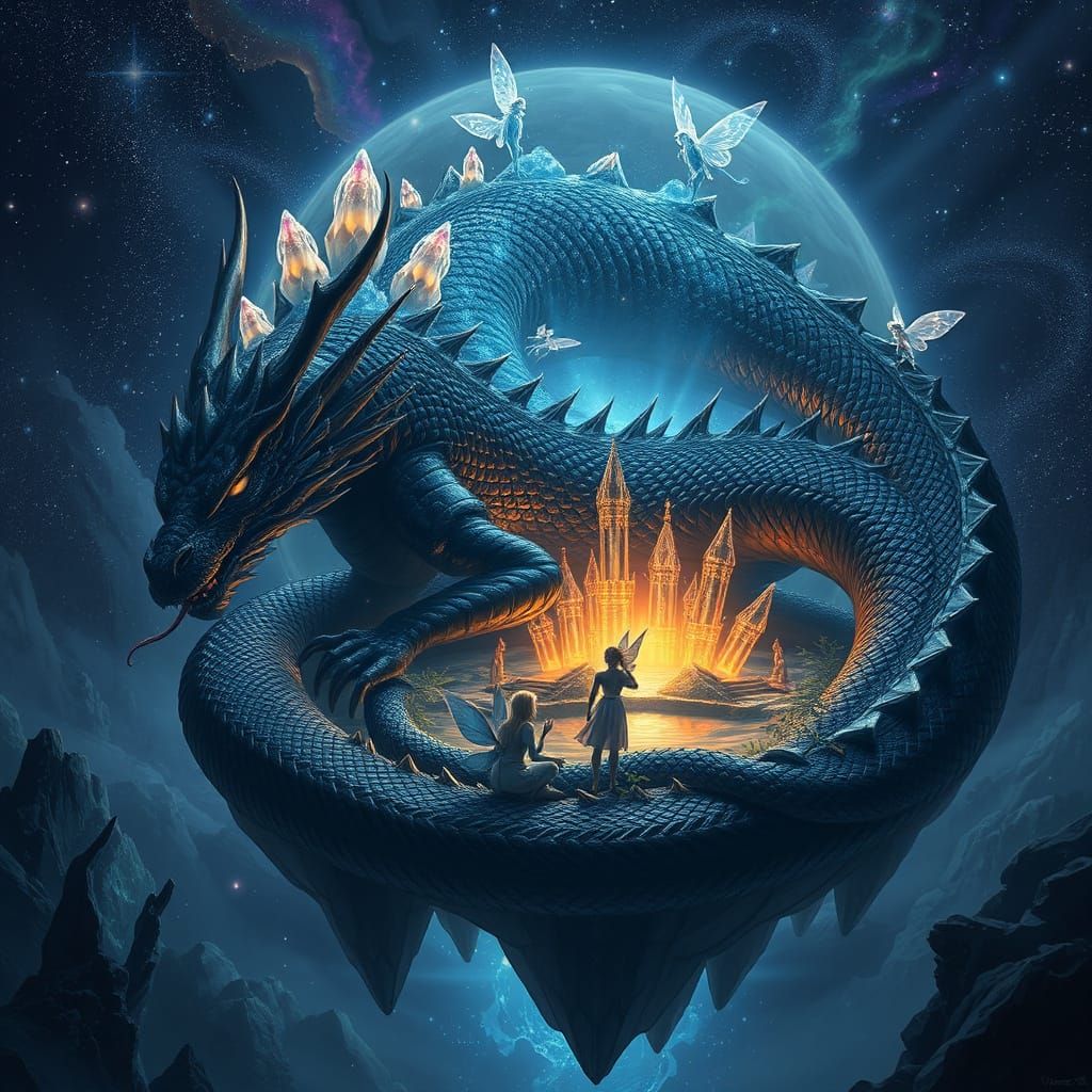 Obsidian Dragon Coiled Around Floating Island