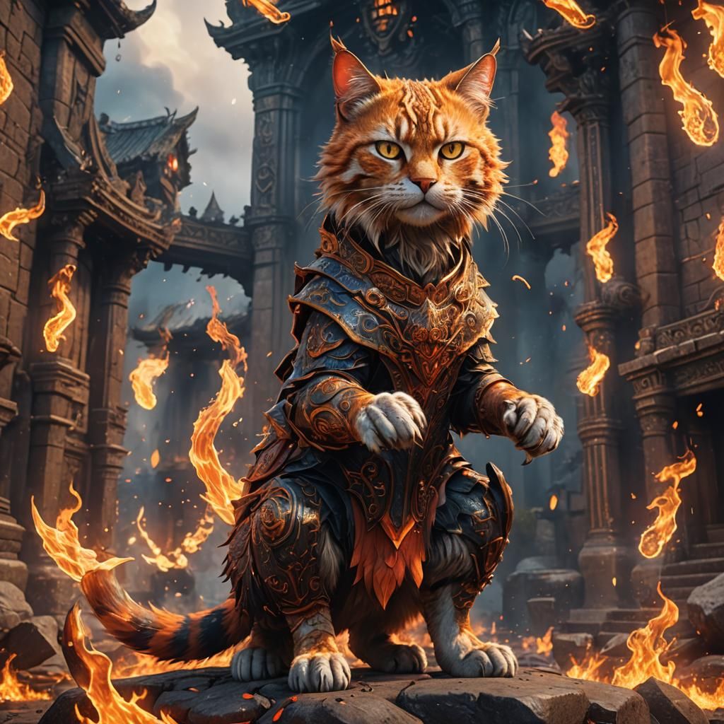 Fiery Feline Warrior in a Dynamic Stance