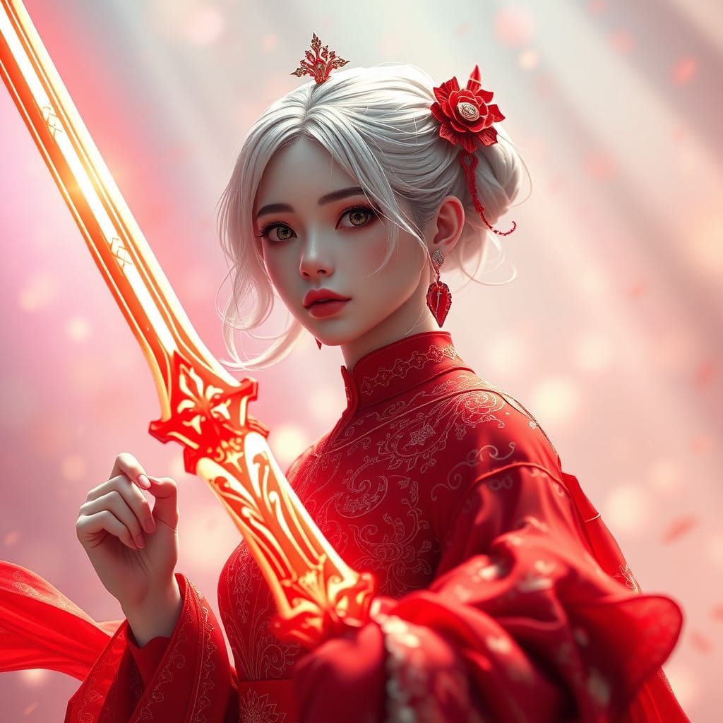 Modern Divine Warrior Princess Leaping in Radiant Heavenly L...