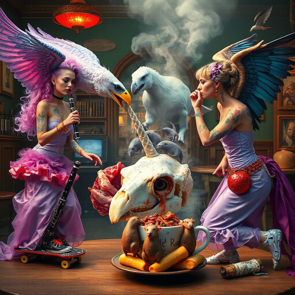 Surreal Duel: Skateboarder Fights Devils in Cafe