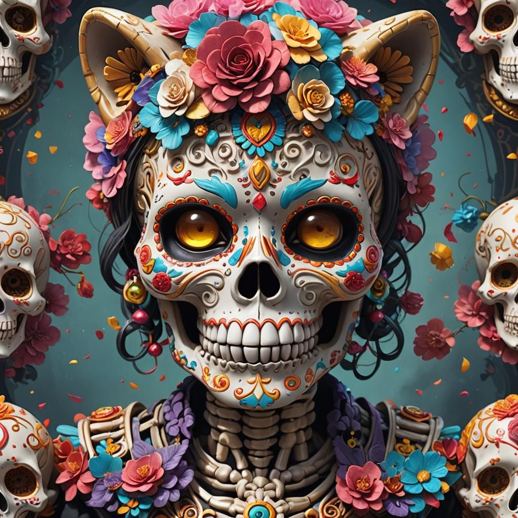 Maneki Neko Sugar Skull Skeleton Portrait