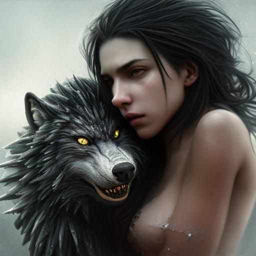 Ice Werewolf Embracing Woman: Hyperrealistic Fantasy Art
