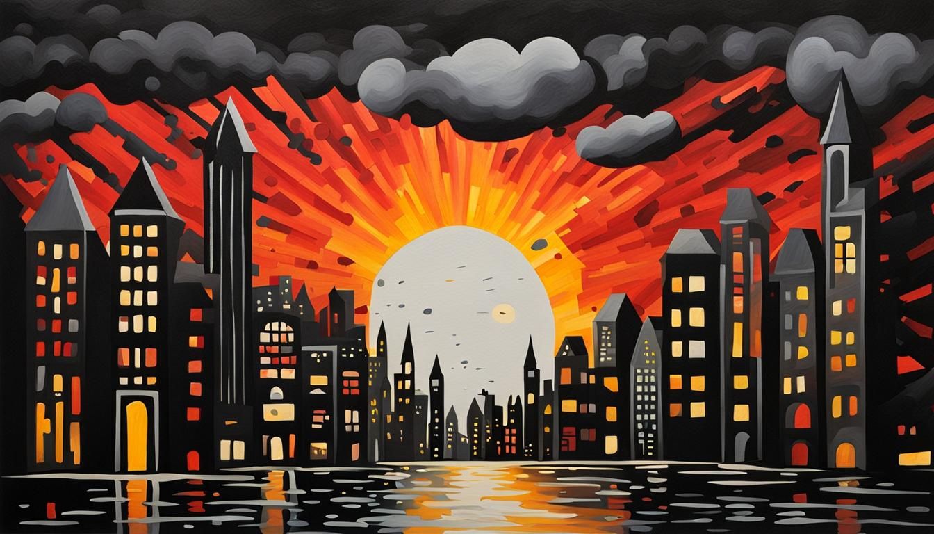 Black Paper Cut Cityscape Oil Painting