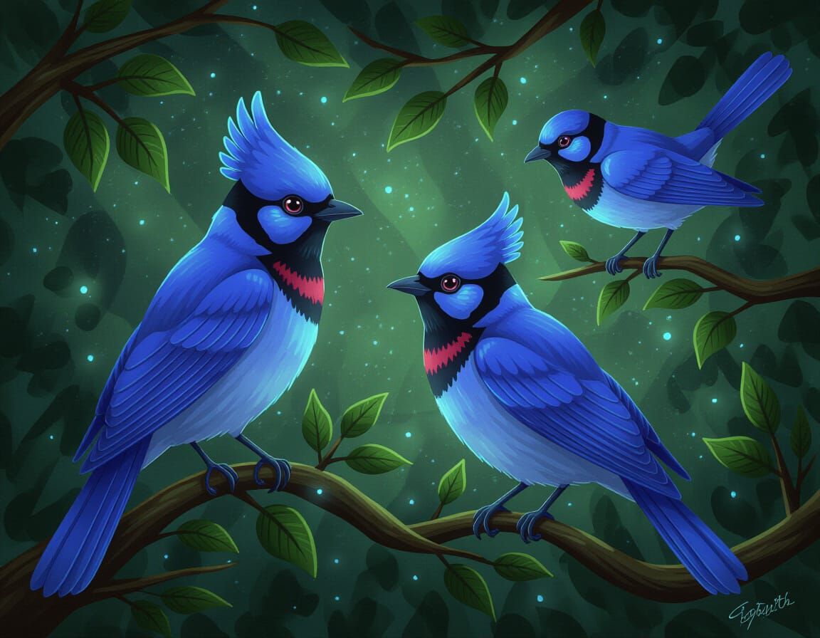 Bioluminescent Amethyst Birds in Flight