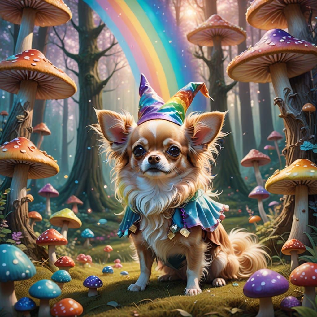 Whimsical Wizard Chihuahua Conjures Rainbow in Enchanted For...