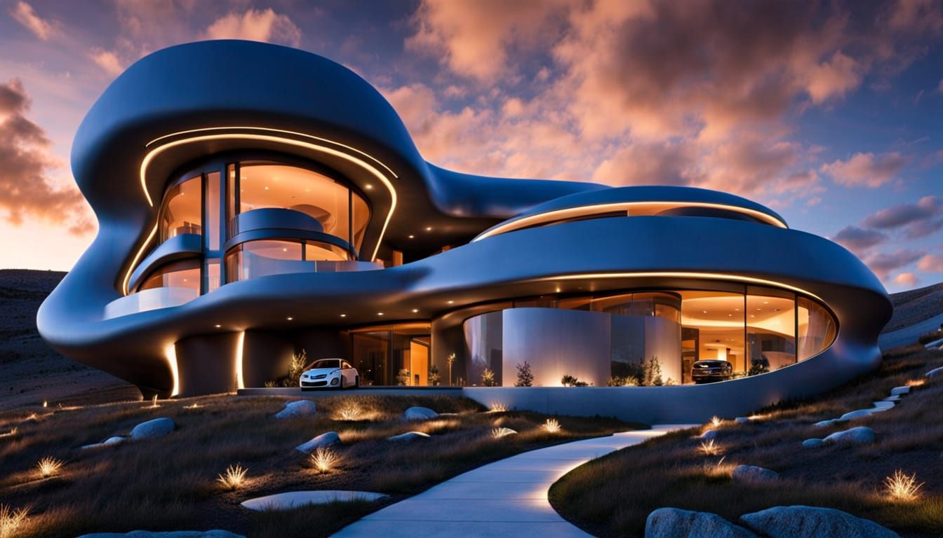 Biomorphic Futuristic Mansion in Idaho at Night
