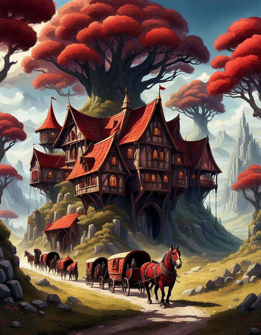 Whimsical Medieval Fantasy Caravans in a Majestic Valley