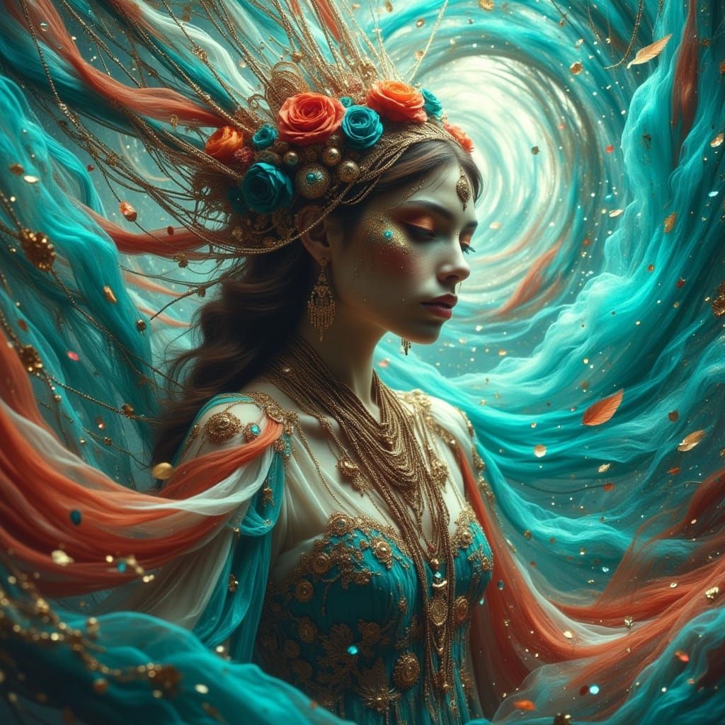 Mythical Wind Dancer in Vibrant Silk Vortex