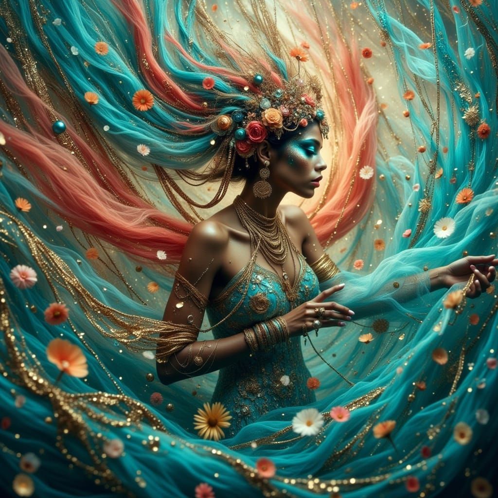 Mythical Wind Dancer in Vibrant Fabric Vortex