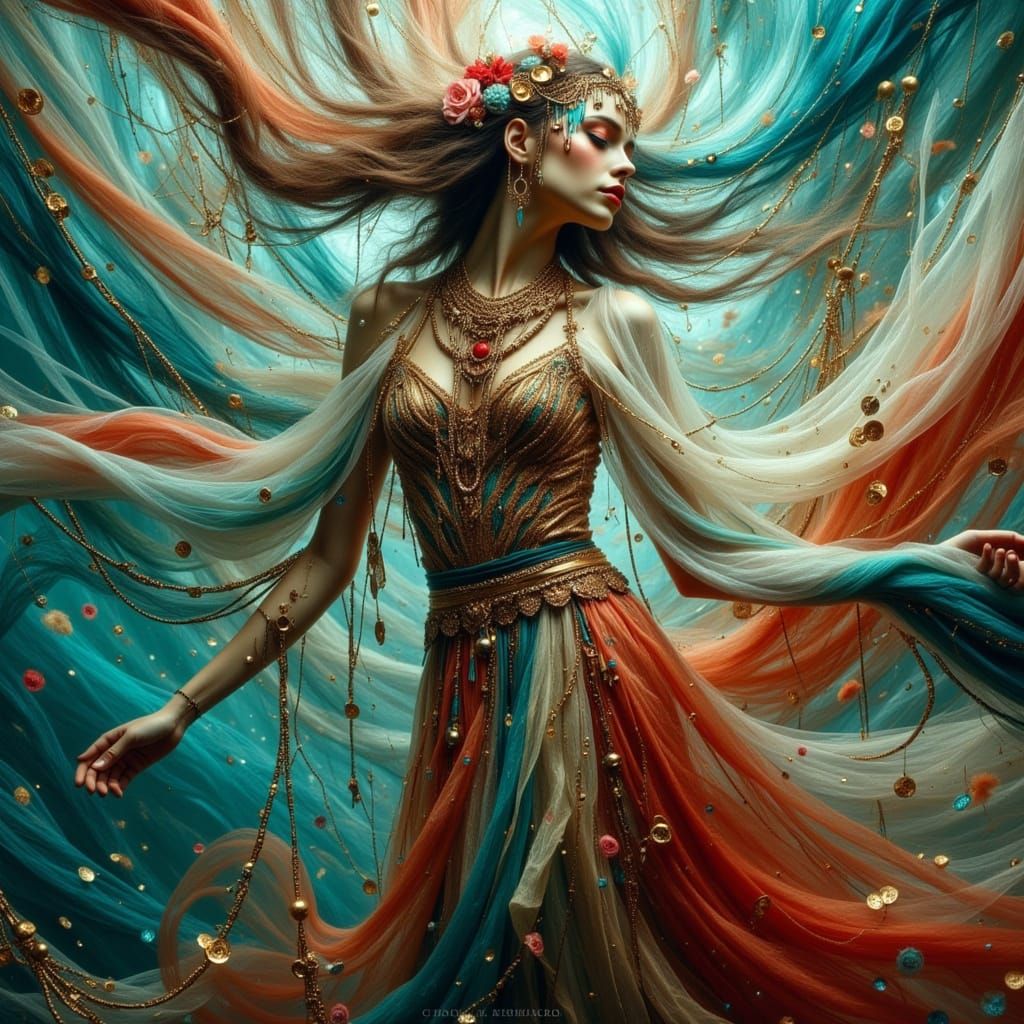 Mythical Wind Dancer in Colorful Fabric Vortex