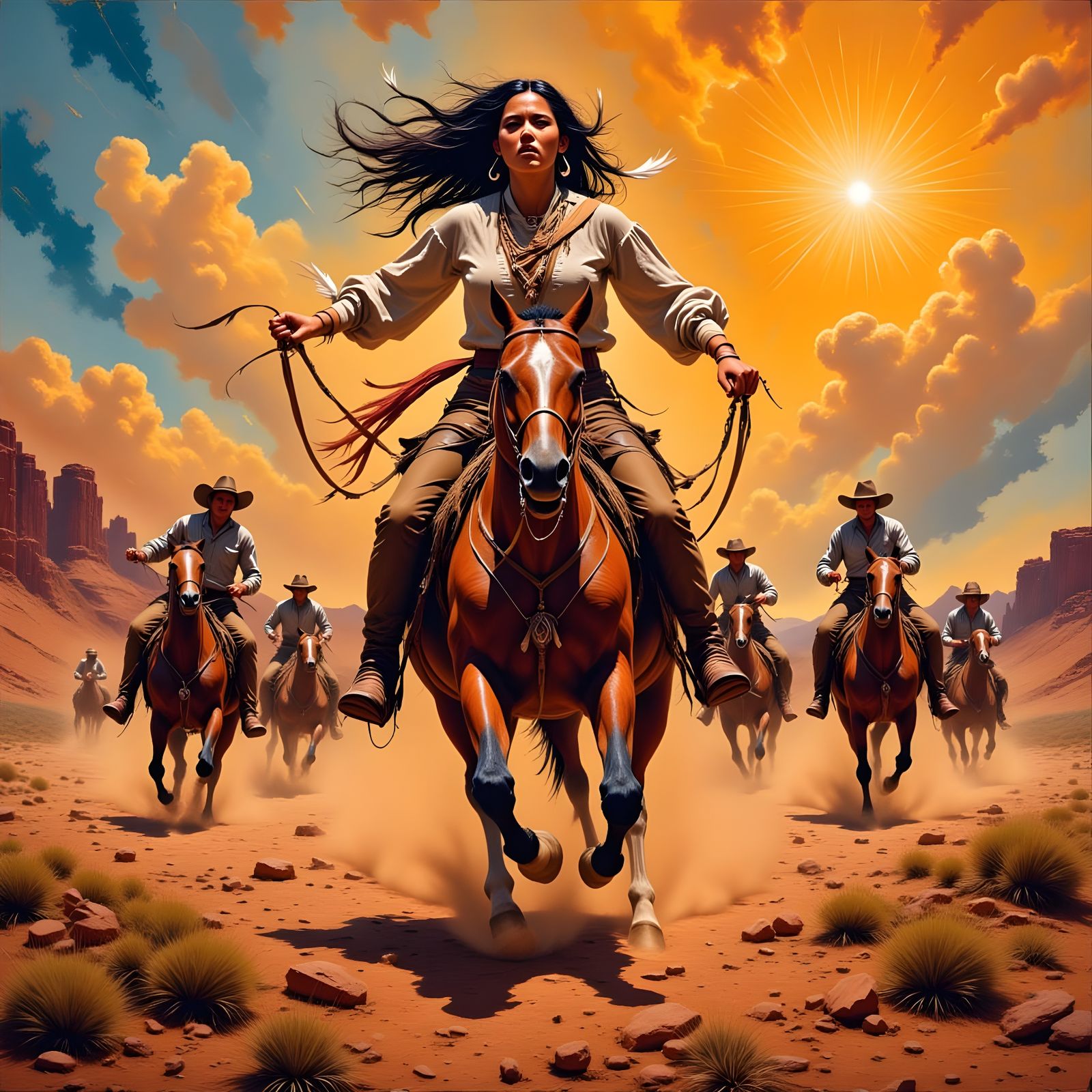 Native American Woman Chased by Posse in Neo-Impressionist O...