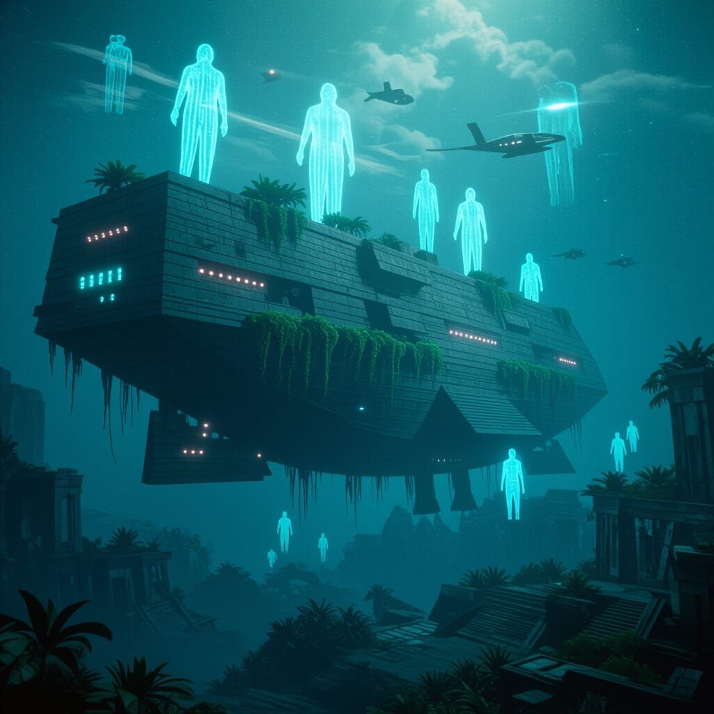 Ark-Ship Drifting in Bioluminescent Jungle, Cinematic Style