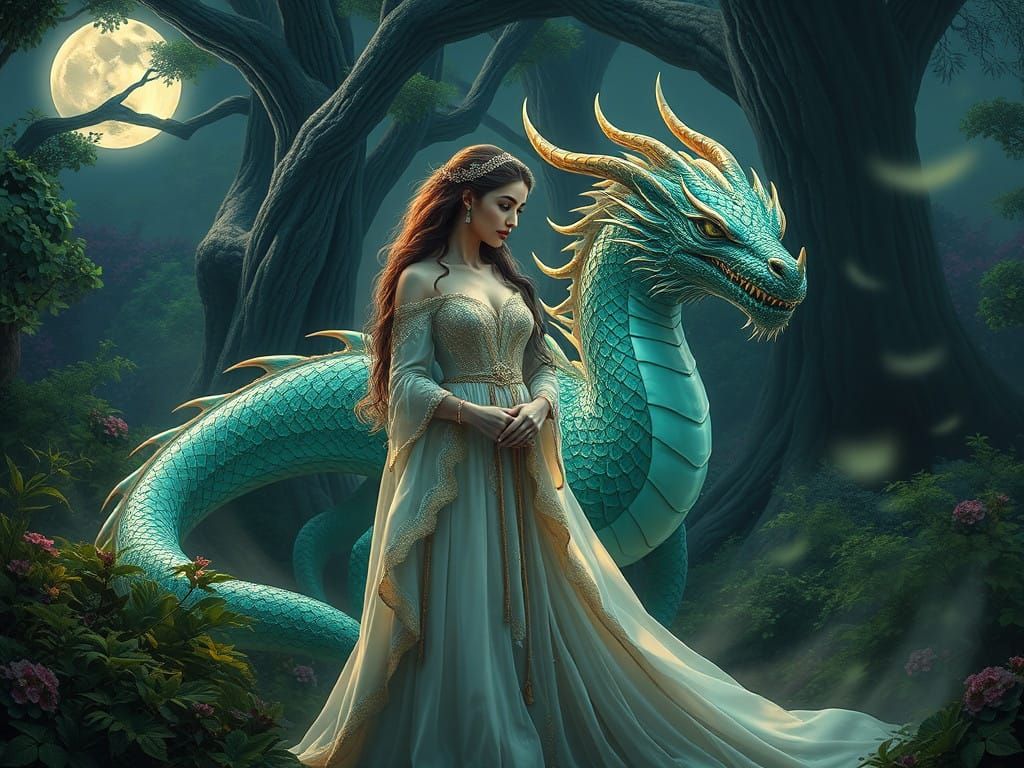 Maiden and Majestic Dragon in Moonlit Garden