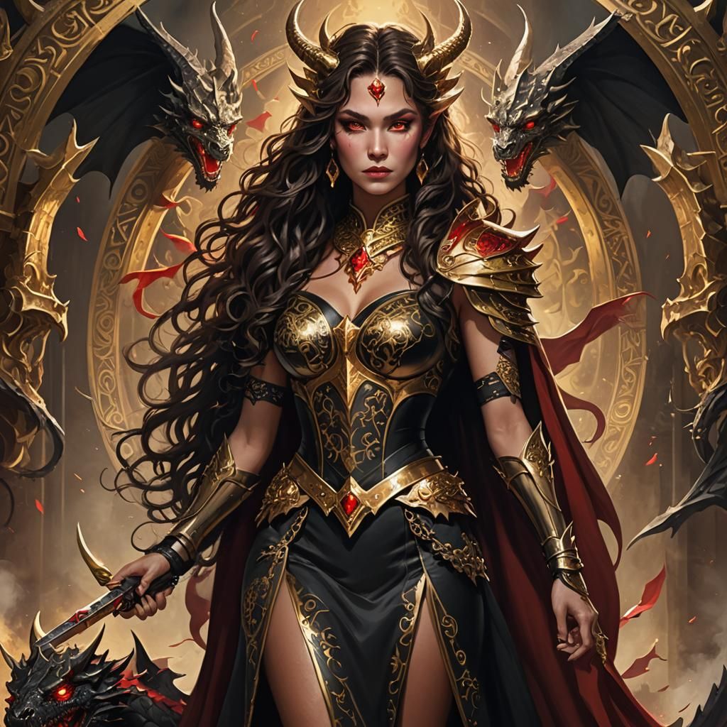 Dragon Queen with Gold Crown in Fantasy Landscape