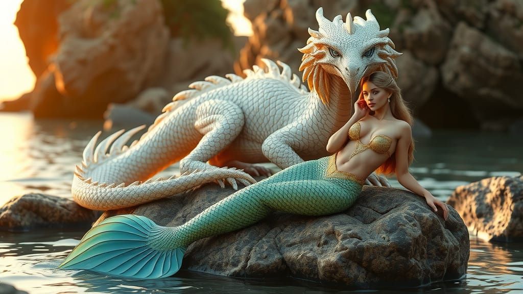 Mermaid and Dragon in Futuristic Photorealistic Style