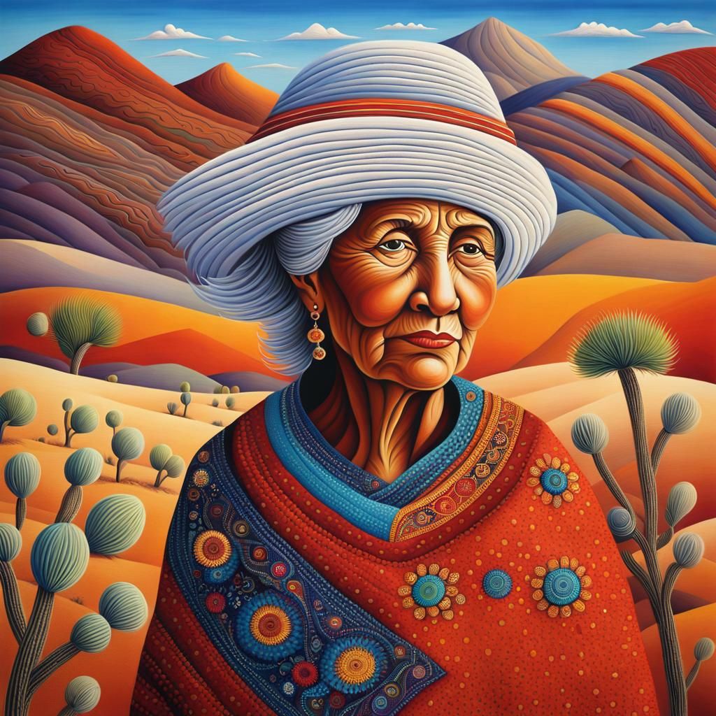 Colorful Folk Art: Older Woman in Windy Desert