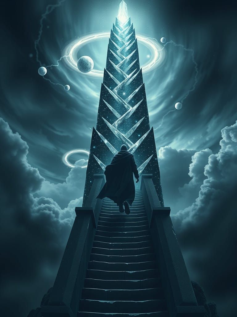 Mystical Tower Ascension in Stormy Skies