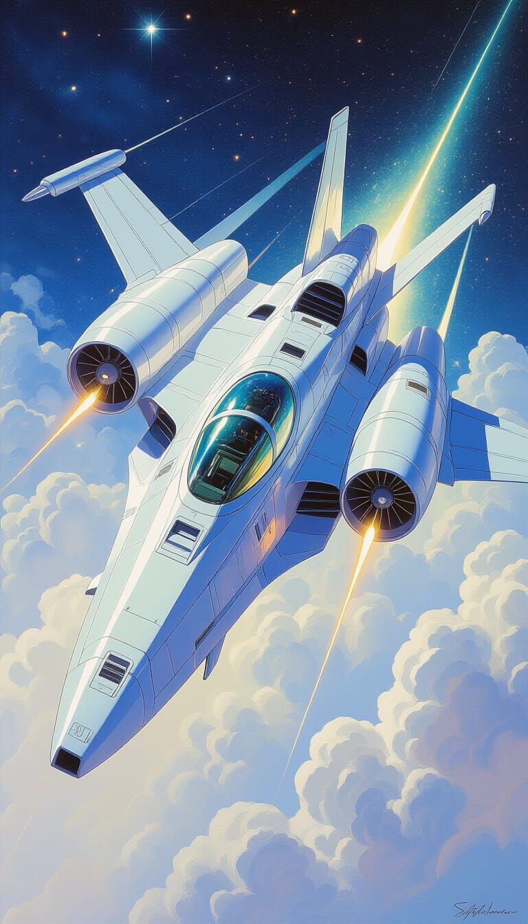 Iridescent Feminine Starship Rips Through Space