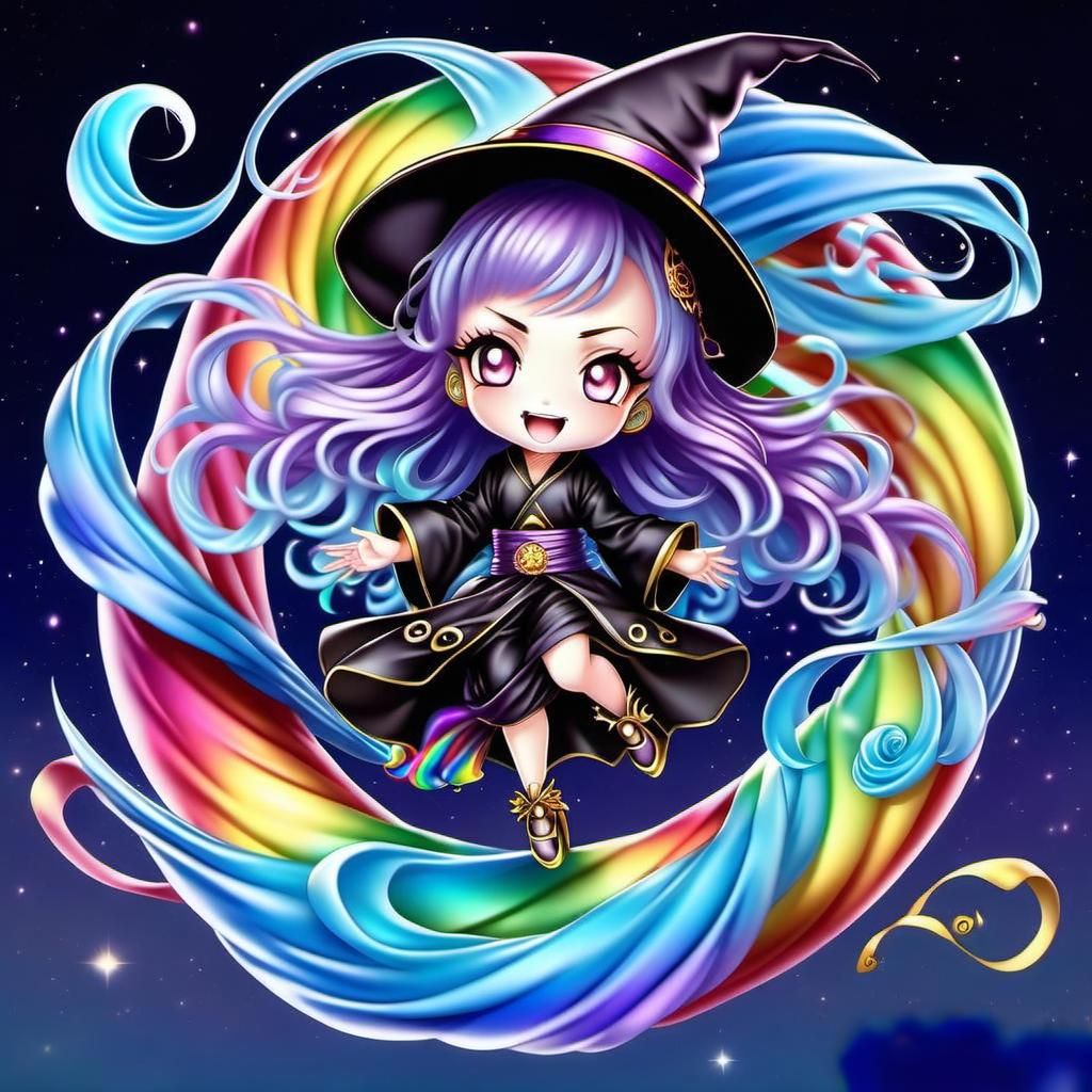 Chibi Rainbow Witch in Cartoon Style