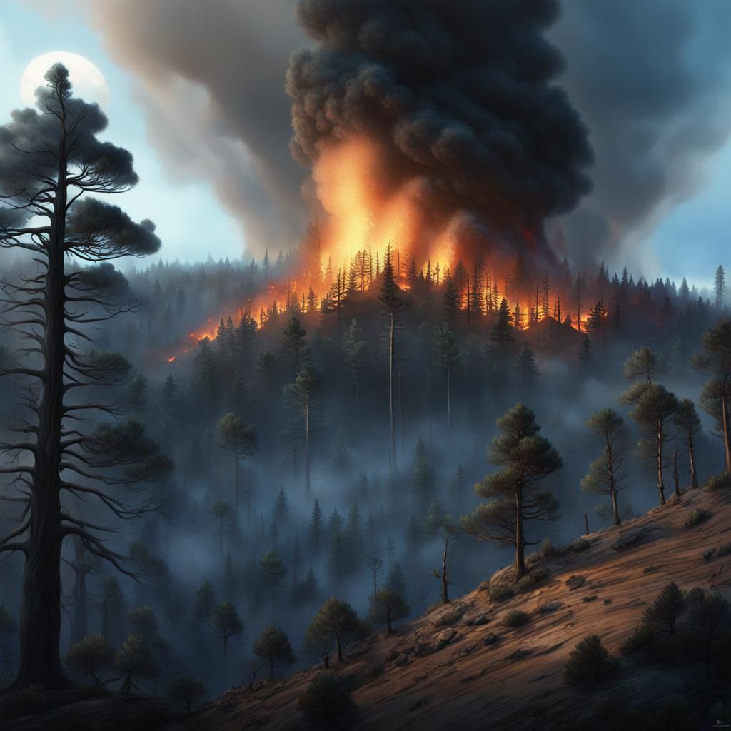 Raging Wildfire in Pine Forest, Dark Fantasy Art